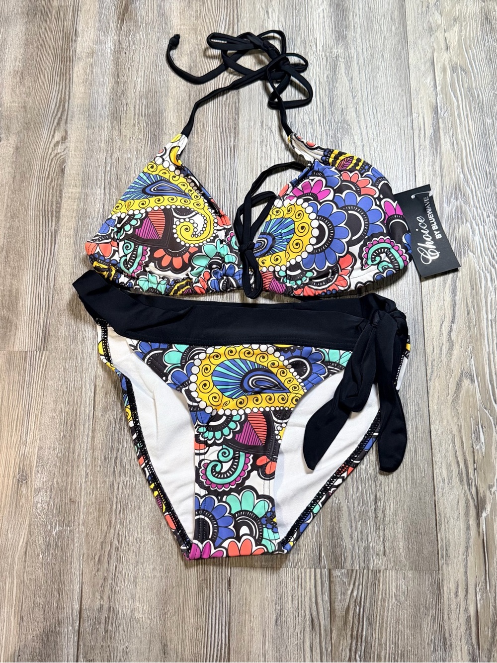Choice Print Tie Bikini with Black Accents - Multicolor